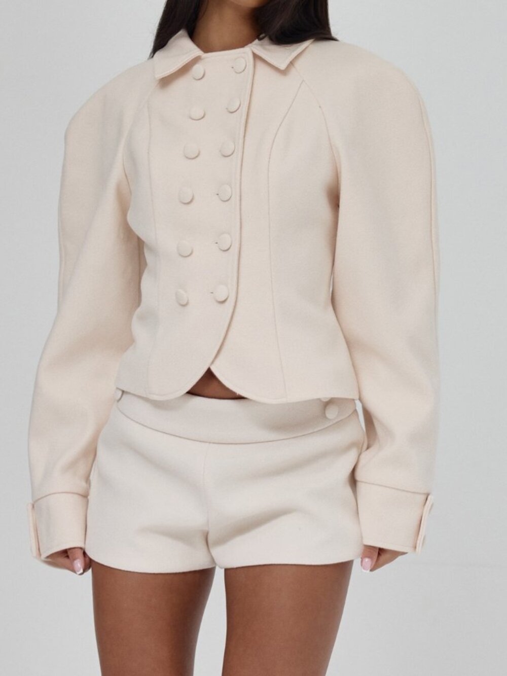Cream Elegant Women's Plain Drop Shoulder Regular Fit Short Cropped Jacket